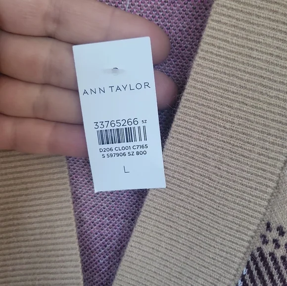 NWT Ann Taylor Preppy Tan & Pink Boyfriend Cardigan Sweater Sz L - Picture 4 of 12